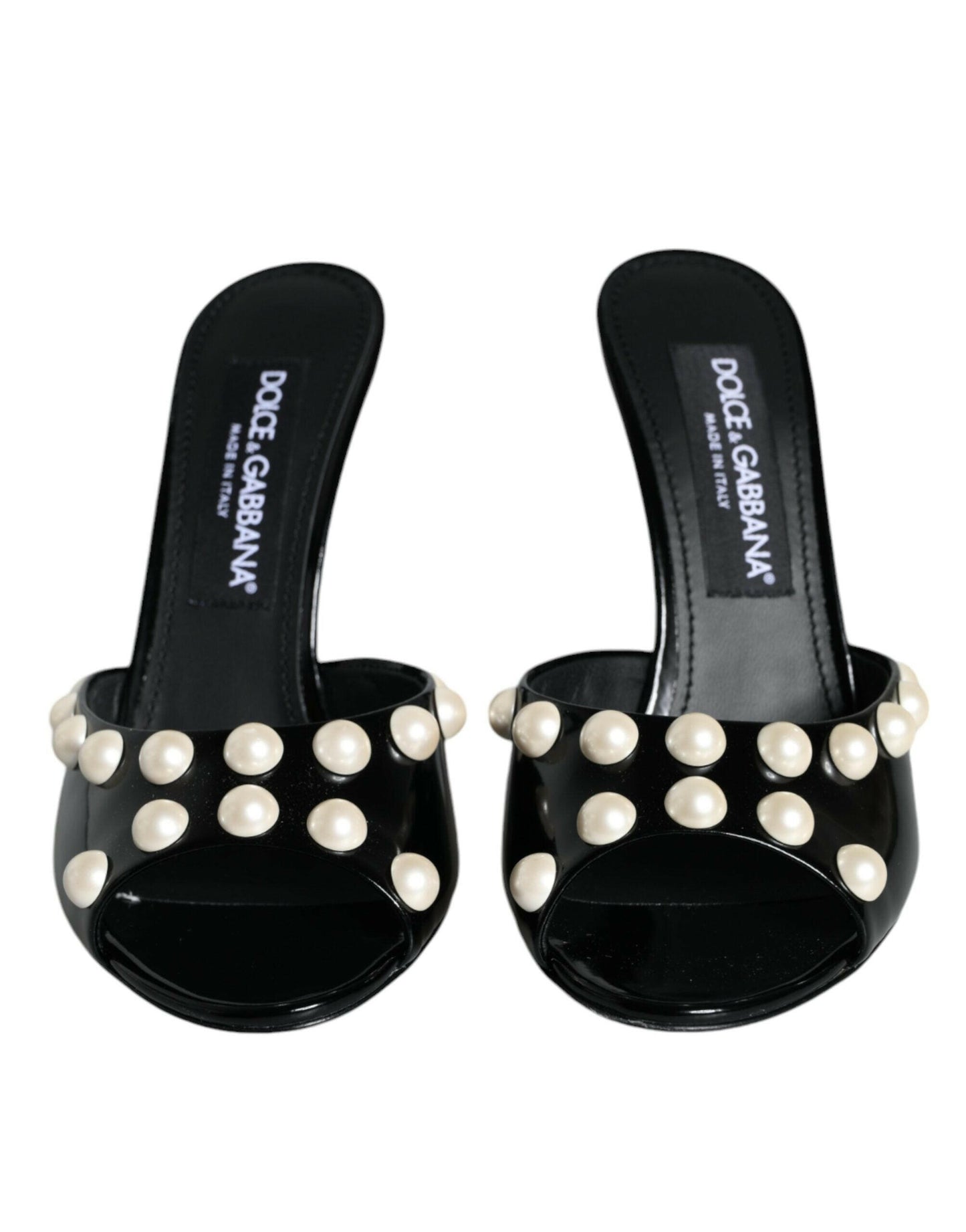 Dolce & Gabbana Black Leather Pearls Slides Sandals Shoes