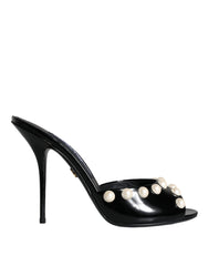 Black Leather Pearls Slides Sandals Shoes