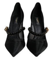 Black Mesh Mary Jane Crystal Heel Pumps Shoes