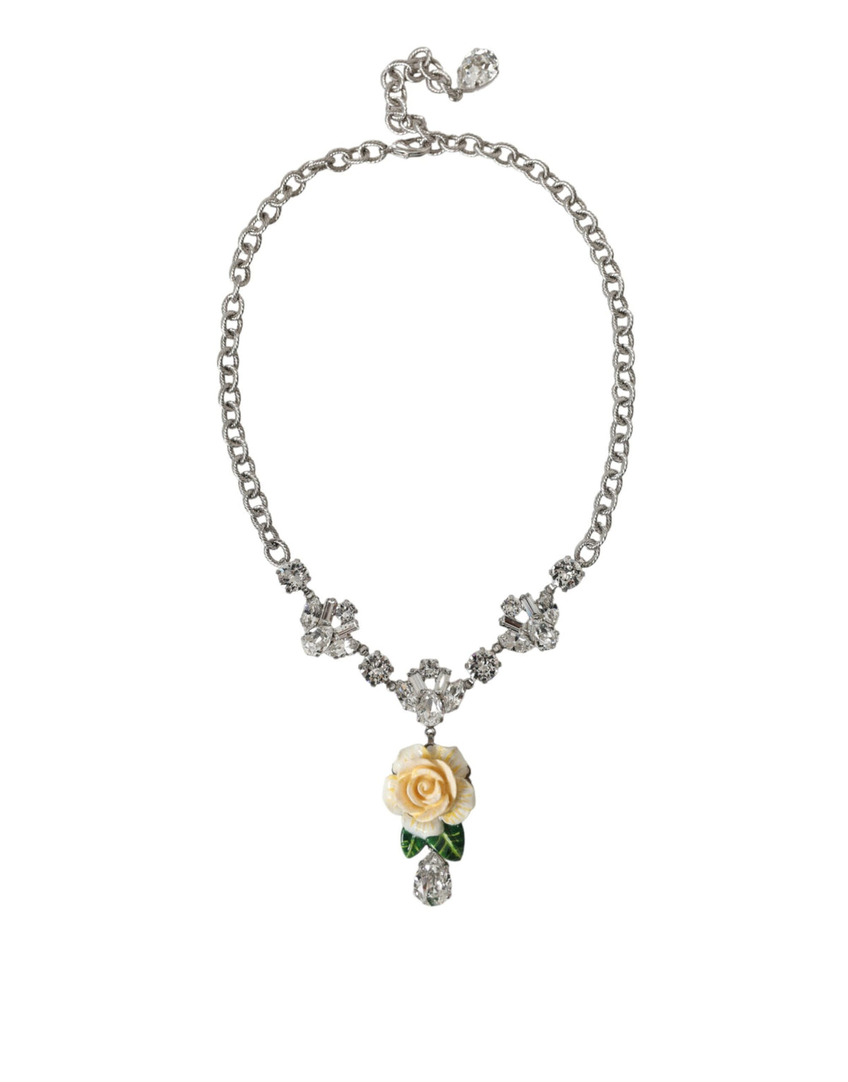 Silver Brass Clear Crystal Roses Pendants Necklace