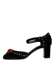 Black Velvet Roses Ankle Strap Pumps Shoes