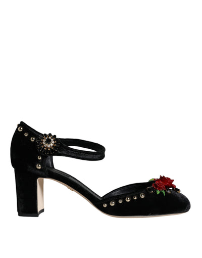 Dolce & Gabbana Black Velvet Roses Ankle Strap Pumps Shoes