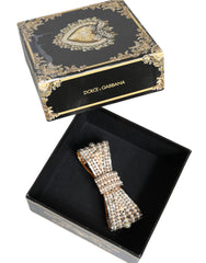 Gold Tone Brass Bow Crystal FauxPearl Embellished Brooch