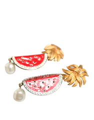 Red Watermelon Gold Brass Crystal Clip Dangling Earrings