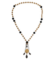 Gold Chain Brass Black Beaded Rosary Style Necklace