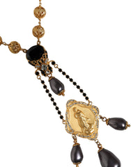 Gold Chain Brass Black Beaded Rosary Style Necklace