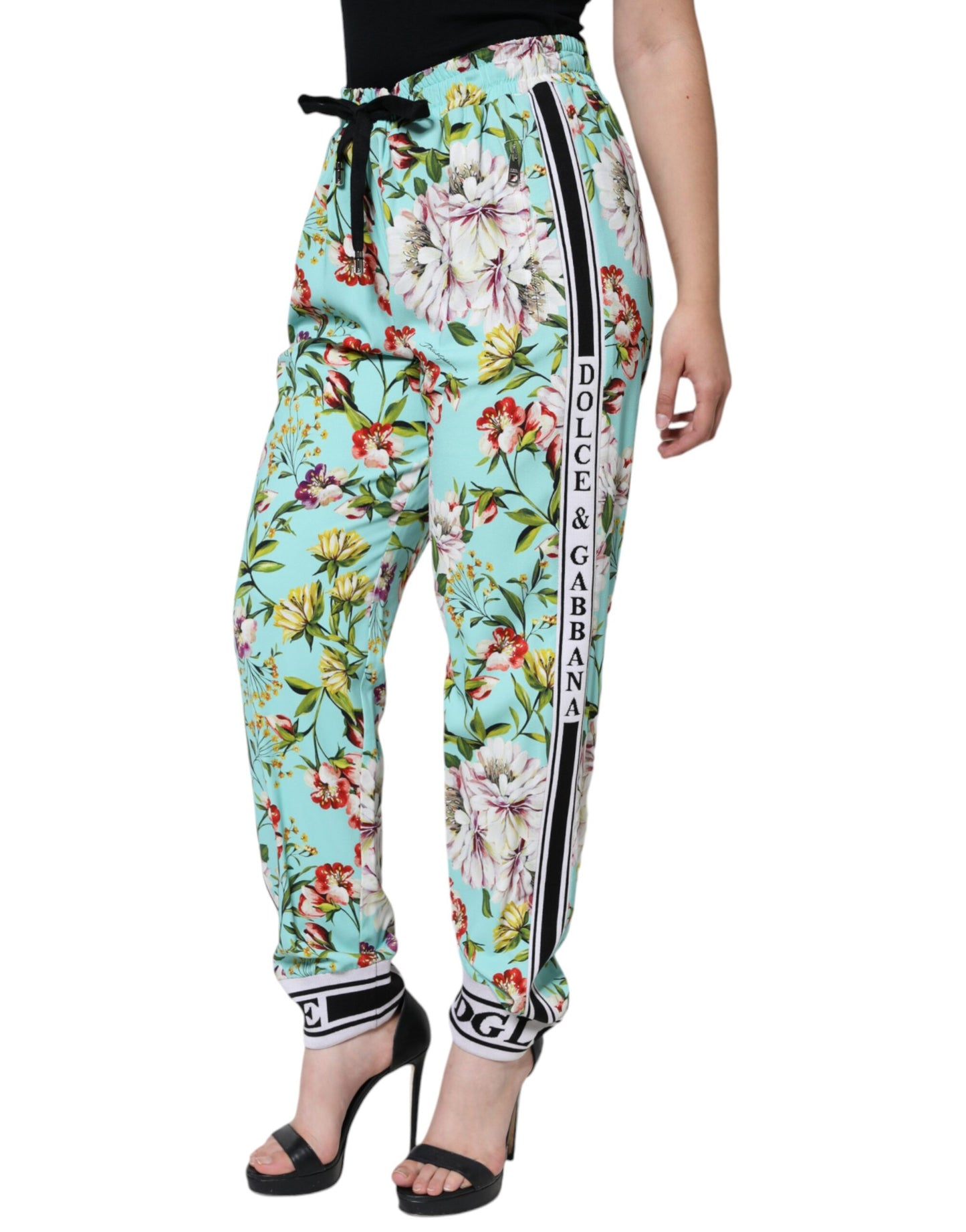 Dolce & Gabbana Green Floral Mid Waist Jogger Women Pants