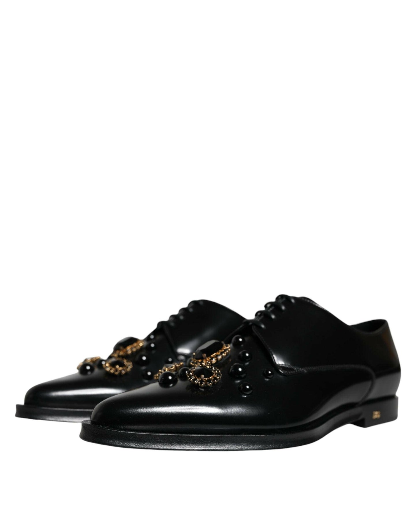 Dolce & Gabbana Black Leather Crystal Lace Up Formal Shoes