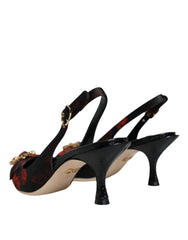 Black Red Floral Crystal Heel Slingback Shoes