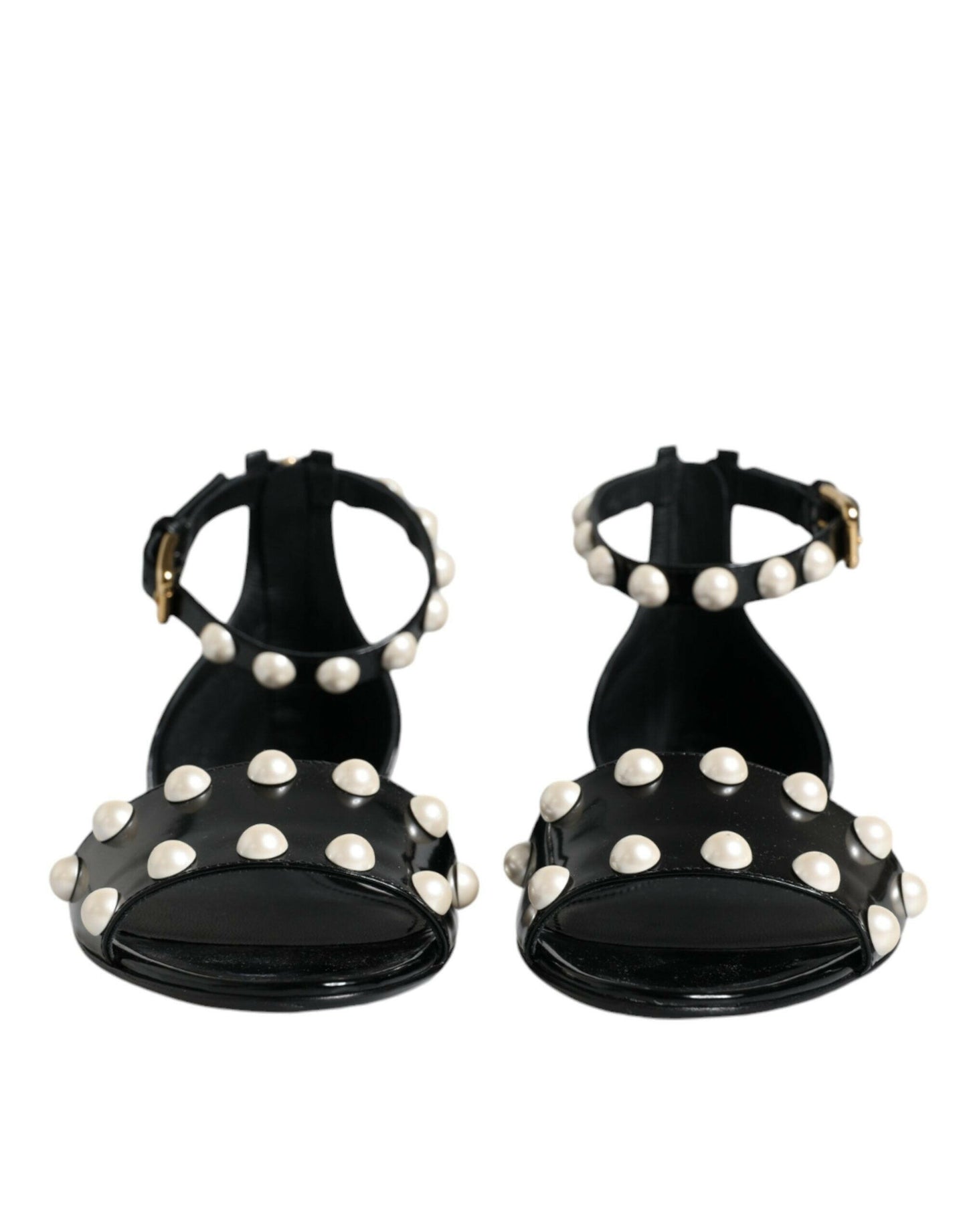 Dolce & Gabbana Black Leather Pearls Ankle Strap Sandals Shoes