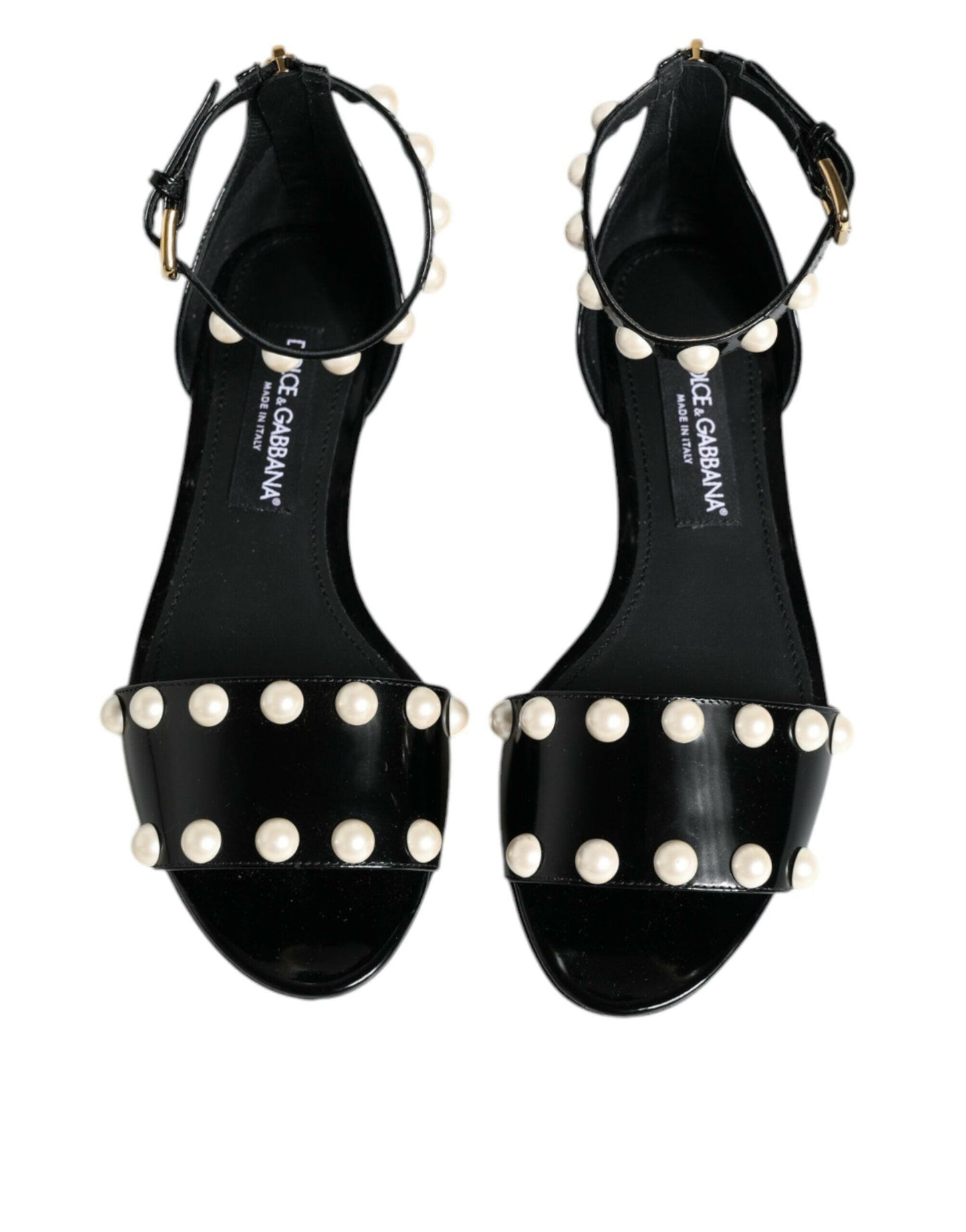 Dolce & Gabbana Black Leather Pearls Ankle Strap Sandals Shoes