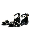 Dolce & Gabbana Black Leather Pearls Ankle Strap Sandals Shoes