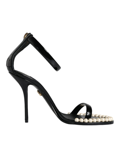 Dolce & Gabbana Black Keira Leather Faux Pearl Sandals Heels Shoes