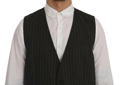 Elegant Striped Gray Wool Blend Waistcoat Vest