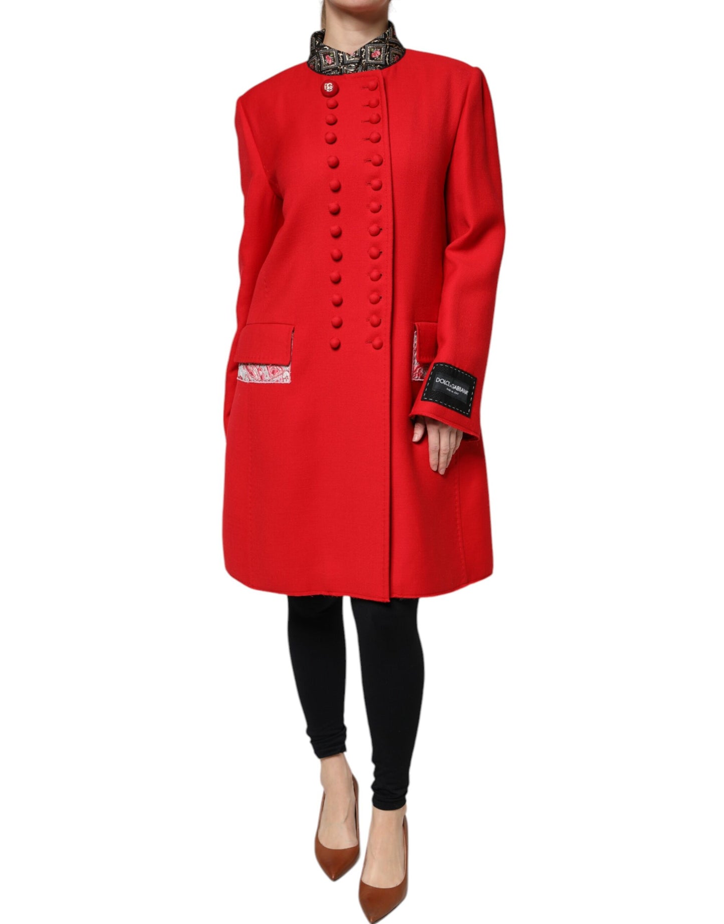 Dolce & Gabbana Red Jacquard Wool Women Trenchcoat Jacket