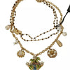 Dolce & Gabbana Gold Brass Crystal Floral Statement Charms Necklace