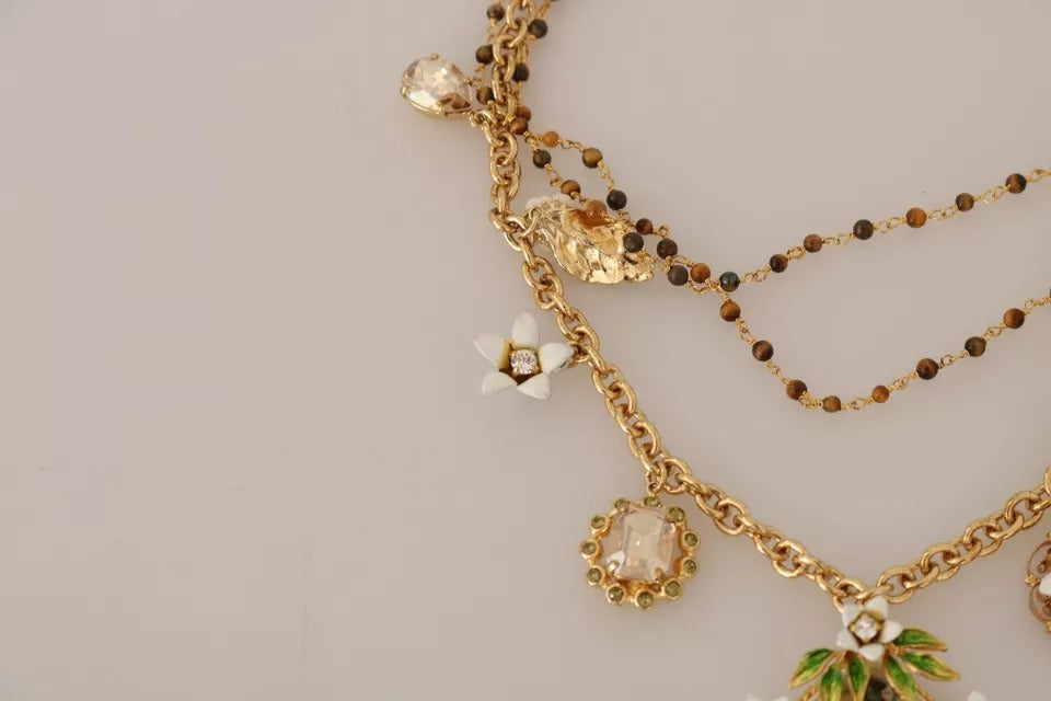 Dolce & Gabbana Gold Brass Crystal Floral Statement Charms Necklace