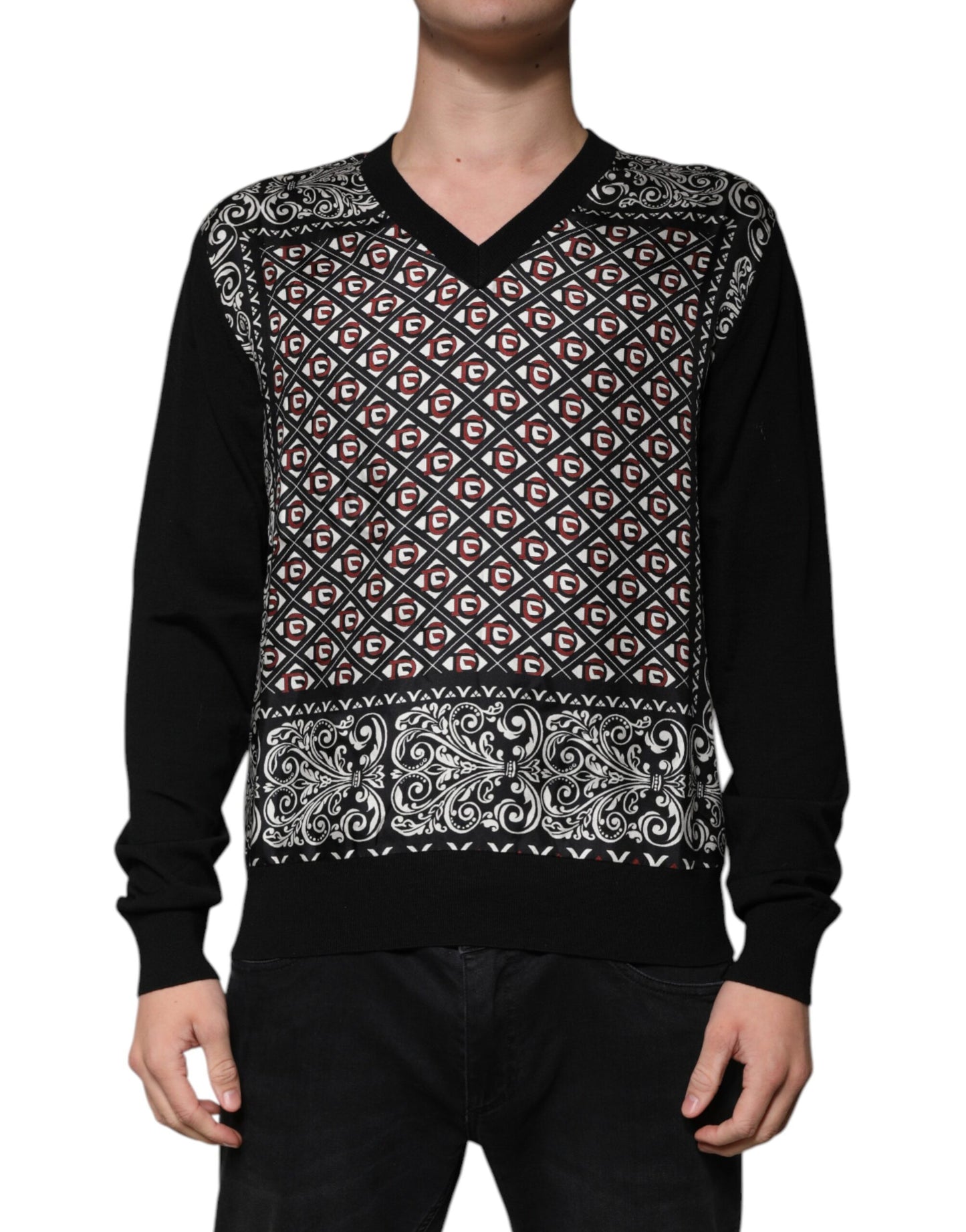 Dolce & Gabbana Black Logo Wool V-neck Pullover Sweater