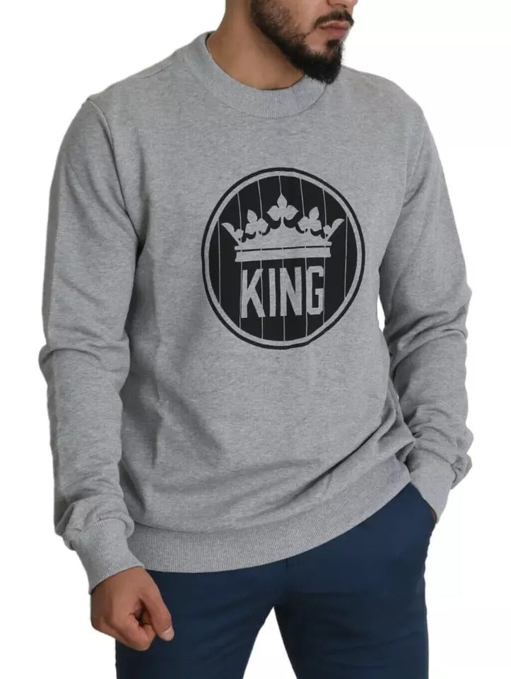 Dolce & Gabbana Gray Crown King Print Cotton Pullover Sweater