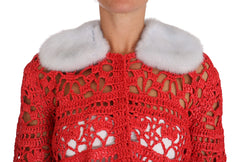 Dolce & Gabbana Elegant Red Crochet Knit Cardigan with Fur Collar