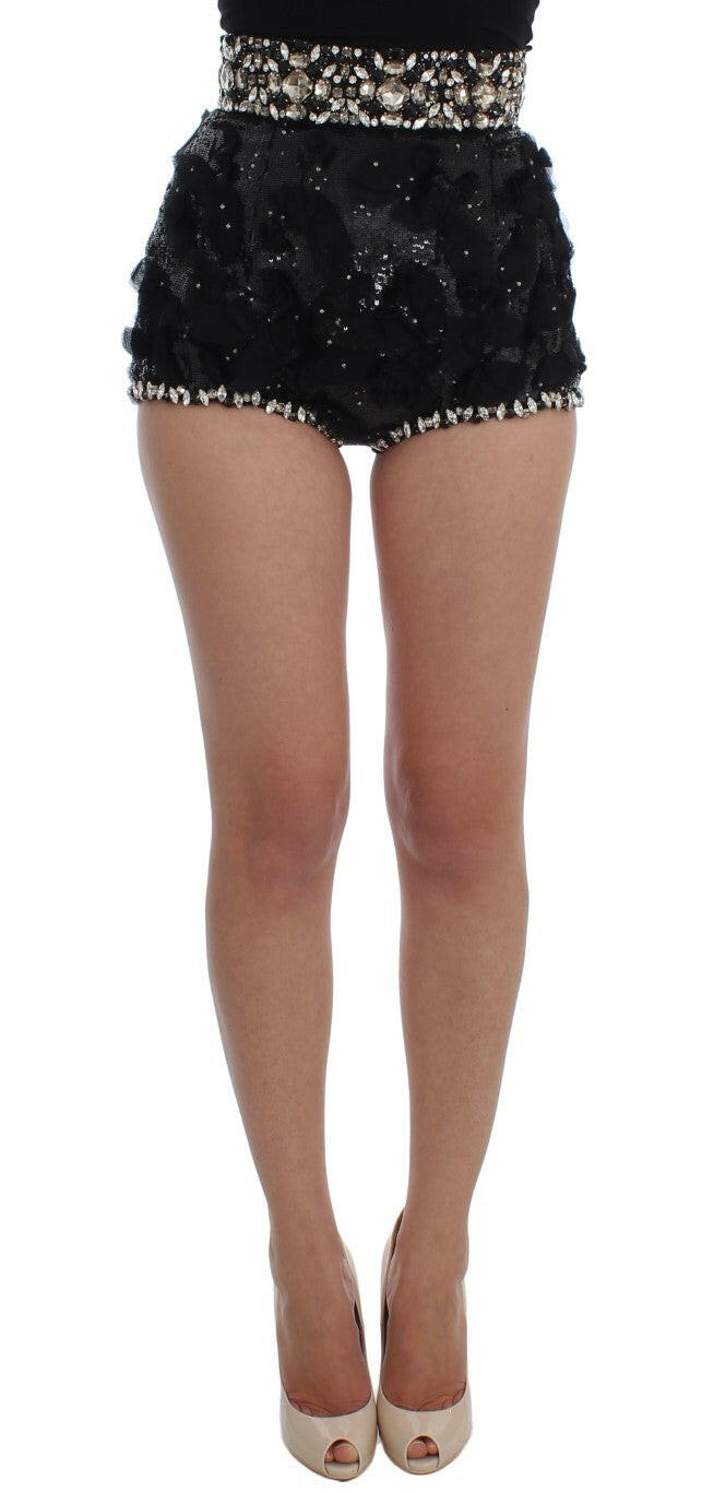 Crystal Sequined Silk High Waist Shorts