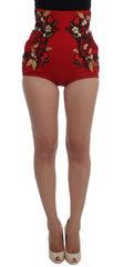 Elegant Silk Red Embroidered Mini Shorts