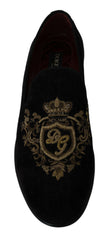 Dolce & Gabbana Elegant Black Loafers with Gold Crown Embroidery